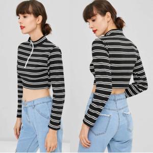 China Trendy Women Clothing Stripe Long Sleeve O Ring Zip Crop Tee Top factory