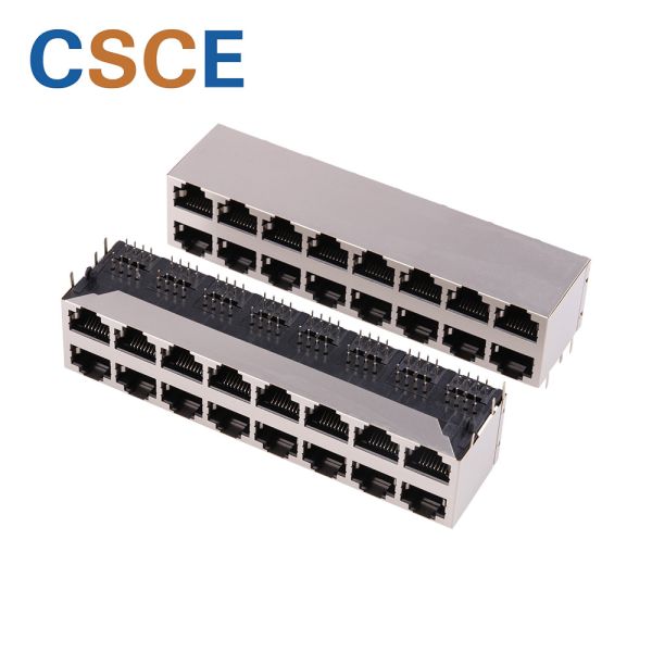China Round Pin Stacked RJ45 Connectors 2 * 8 Ports UL94-V0 Material For Industrial Network factory