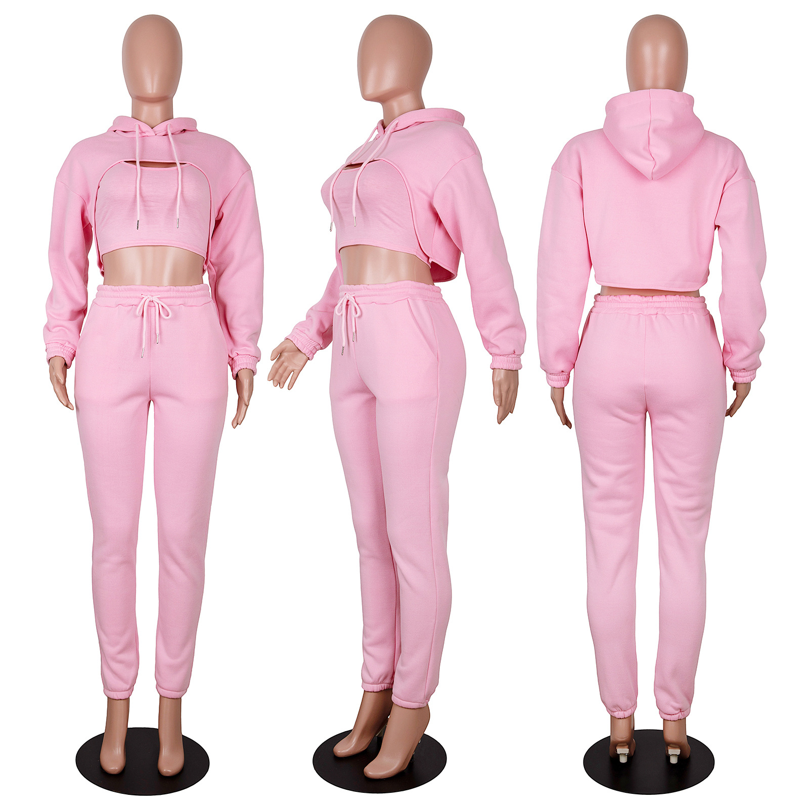 Printed Pink Women Tracksuits 3 Piece Set Crop Top Hoodie and Joggers Cropped Hoodies