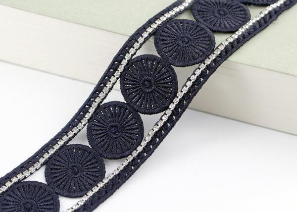 Custom Ribbon Black Embroidered Lace Trim With Rhinestone / Embroidered Bridal