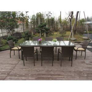 China Dark Brown Rattan Garden Dining Sets With Table And 8pcs Arms Chair on sale