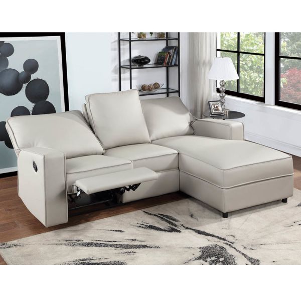 Sectional Sofa with 1 Rechliner Seat and Dropdown Table and Push Back Chaise, Light Gray Faux Leatherette