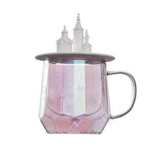 China Pink Borosilicate Double Wall Personalized Glass Cup Castle Shape 300ml factory