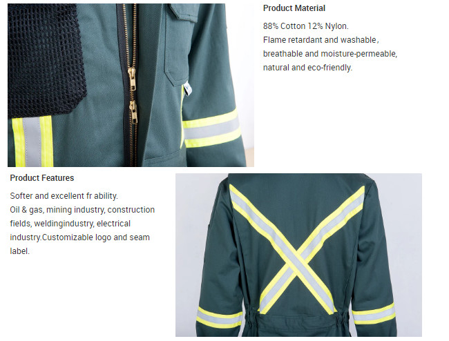 88 Cotton 12 Nylon Green Safety Coverall Suit Safety Work Clothing With Reflector
