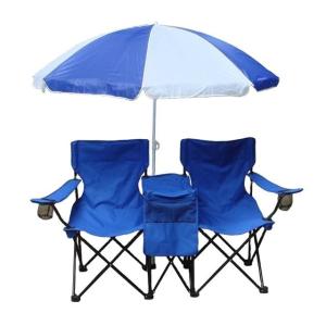 China Blue Fabric Folding Double Two Seats Camping Beach Chair With Umbrella Chair Folding Camping Chair factory