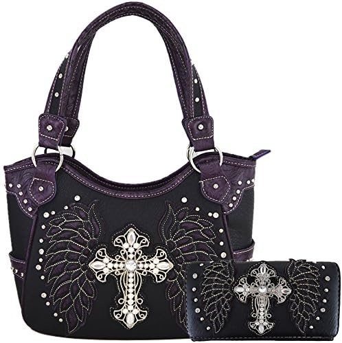 WESTERN STYLE RHINESTONE CROSS STUDDED LASER CUT WINGS TOOLED LEATHER PURSE WOMEN HANDBAGS COUNTRY SHOULDER BAG WALLET S