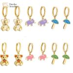 Cute Colorful Enamel Elephant Bear Mushroom Pendant Charm Hoop Earrings 18k