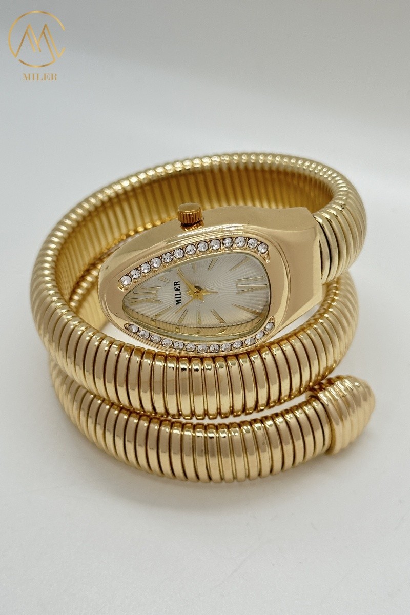 Creative Luxury Lady Quartz Watch High Quality with Snake Strap Alloy Gold-Plated Case