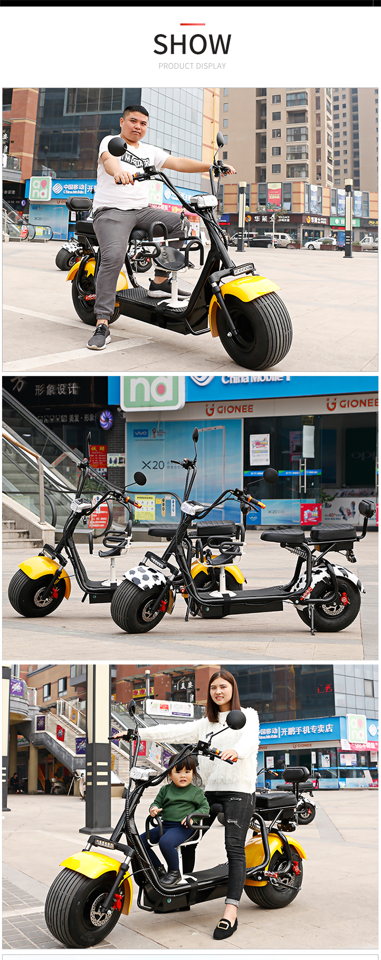 60v 20ah Lithium Battery 1000W Fat Tyre Citycoco Electric Motorcycle for Range 35-75km