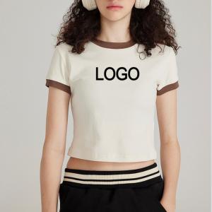 China Embroidery Decoration Women's Y2k Vintage Young Fashion Contrast Ringer Crop T shirt factory