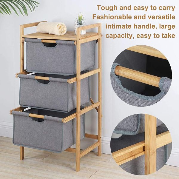Three Layers Bamboo Laundry Basket Bathroom Shelf Storage Waterproof With Handle