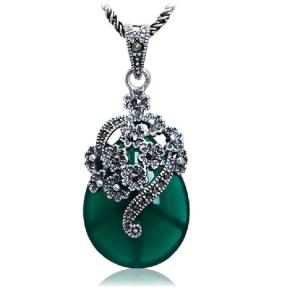 China Thai 925 Silver Pendant Necklace Green Agate and Marcasite(JX467GREEN) factory