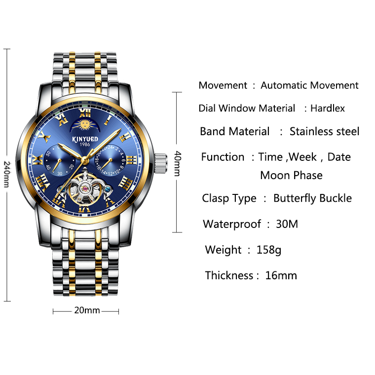 KINYUED stainless steel waterproof automatic mechanical watch luminous mens mechanical watch
