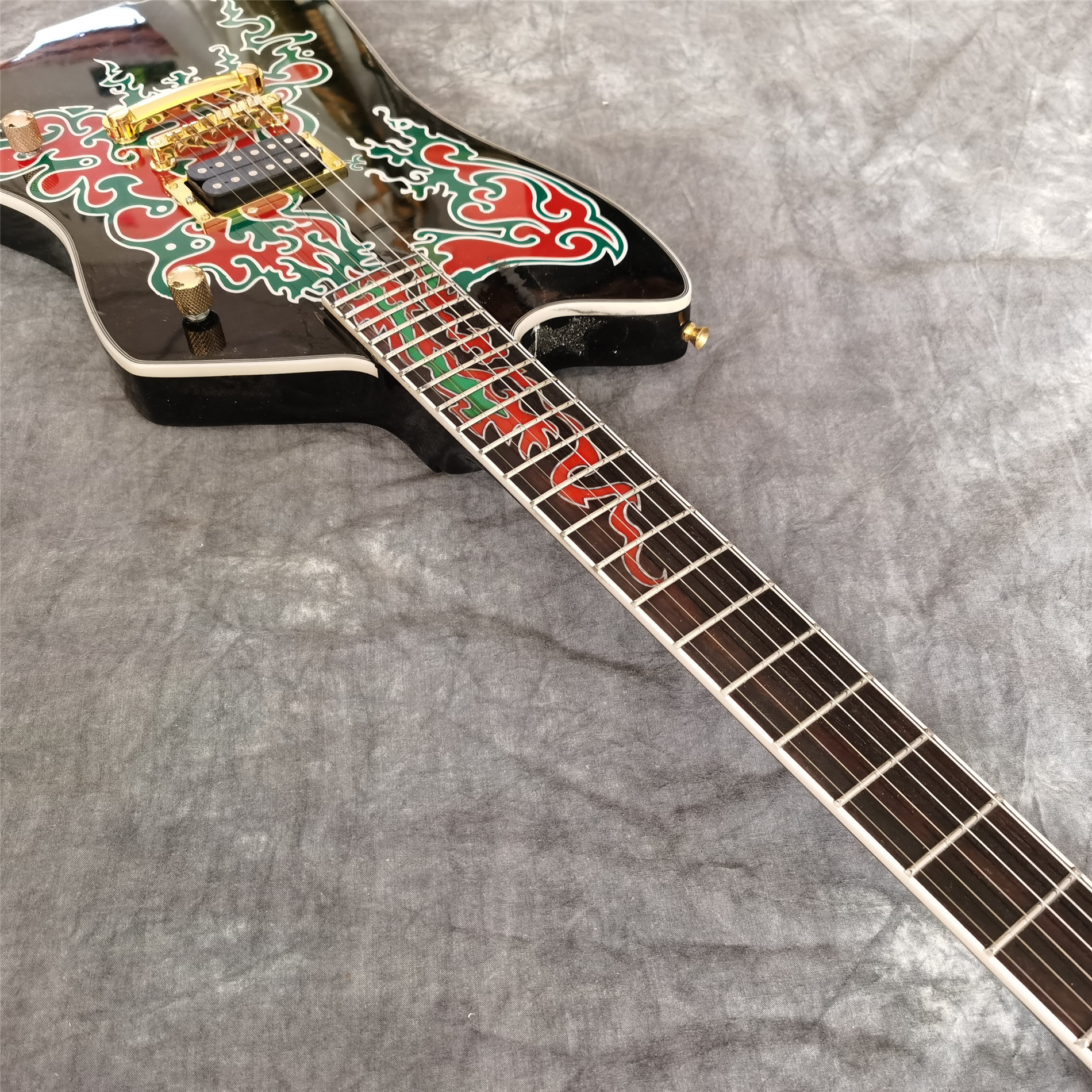 Custom New 6 Strings Black Electric Guitar with Fire Inlays Fingerboard Gold Color Hardware