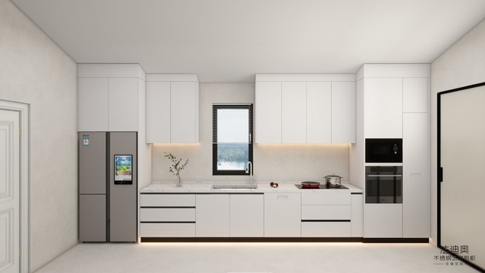 White Stainless Steel Kitchen Cabinets Modern One-Wall Design With Built-In Appliances