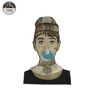 China Beautiful Woman 3D Custom Woven Badges , Pearl And Rhinestone Applique For Work Blouse factory