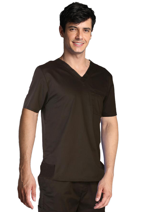 180 GSM Polyester Cotton Spandex V Neck Short Sleeve Brown Medical Scrubs