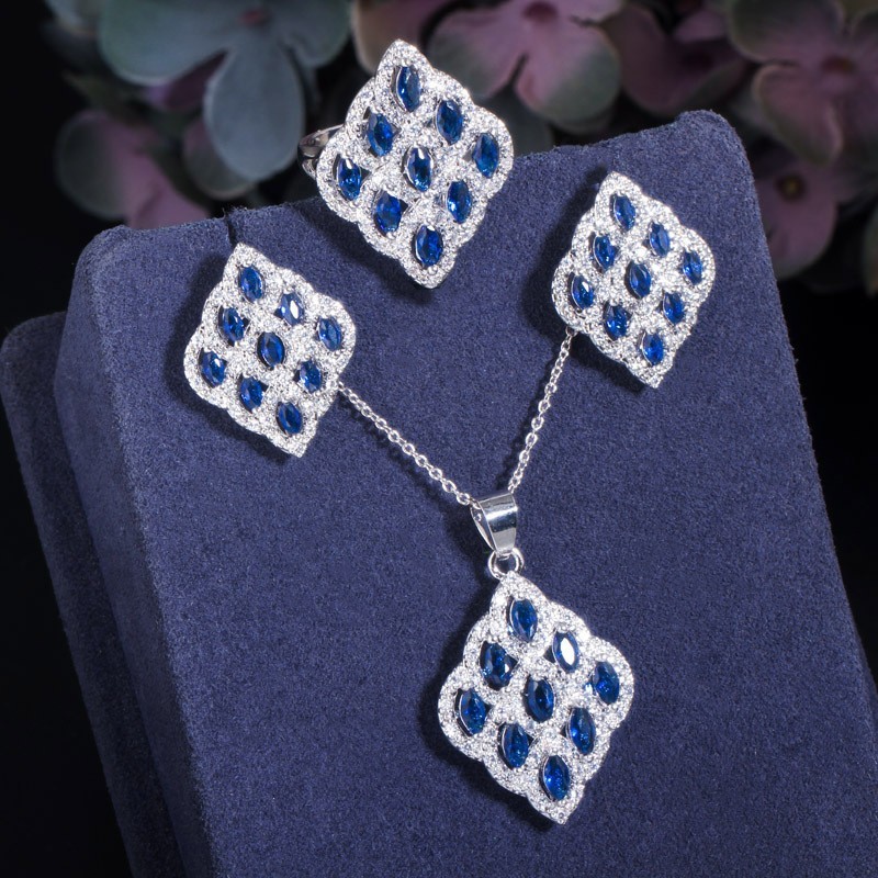 CZ modern tribal beaded cubic zirconia stone silver Necklace Bracele Earring Ring jewelry set necklace set jewelry set