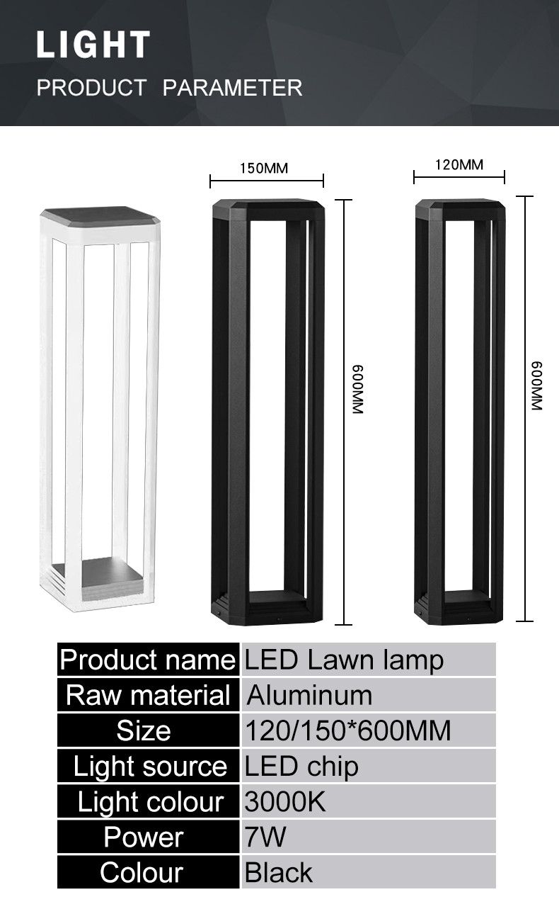Led Lawn Lamp Aluminum 120*150*600mm 7w 3000k Black