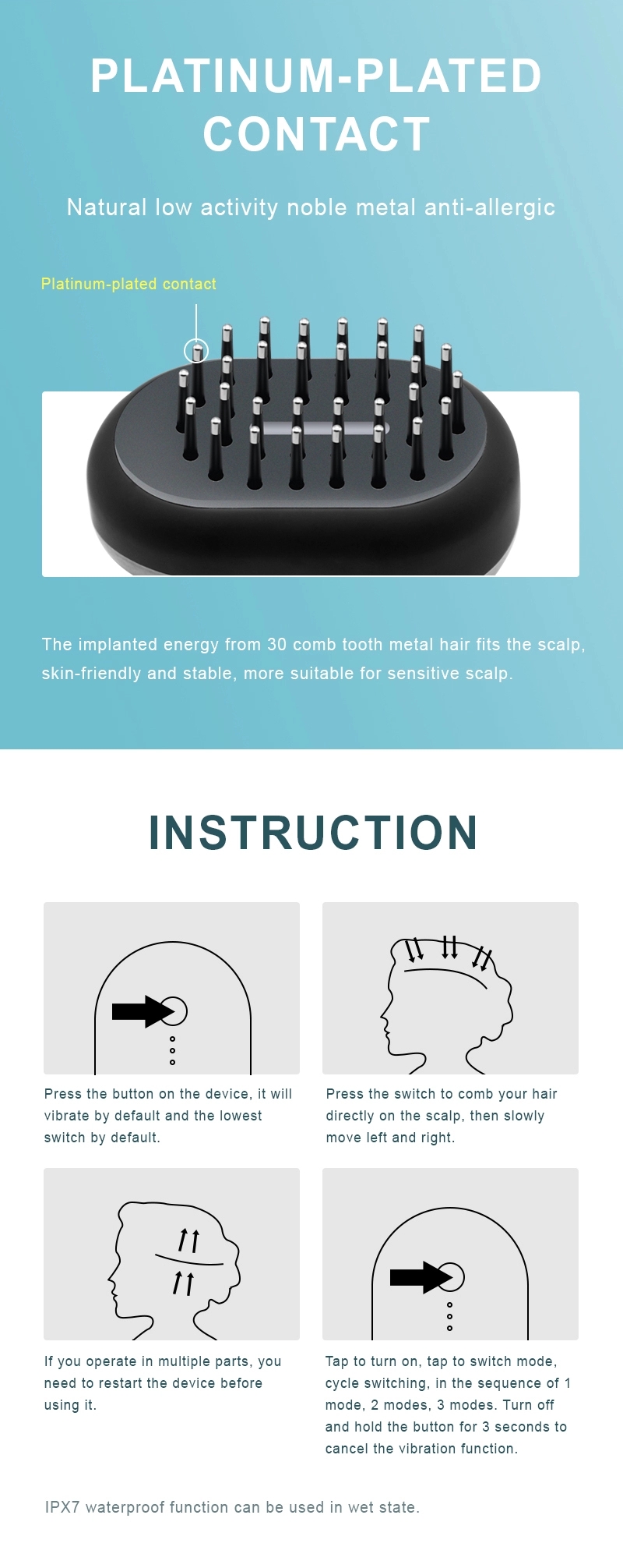 Home Use Mini Hair Comb Brush Improve Hair Growth ABS Stainless Steel Bar Massage Comb Brush