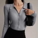 2023 Lapel Slim Top Women′s Hollowed out Button Sexy V-Neck Long-Sleeved Polo