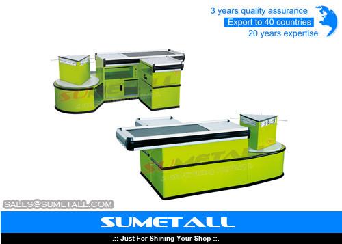 Green Color Supermarket Checkout Counter Cash Desk With Stainless Steel Table