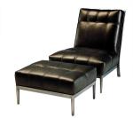 Black Leather Lounge Chair With Ottoman Wood / Metal Frame Wingback