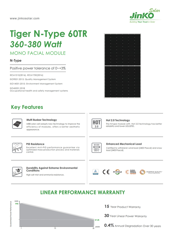 AKS Jinko Tiger N-type 60tr Solar Panel 360W 365W 370W 375W 380W Solar Panel Painel Solar Jinko Solar PV Module