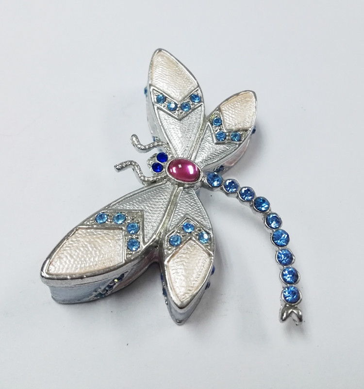 Trinket jewelry box, dargonfly diamond decoration pink pewter jewelry box