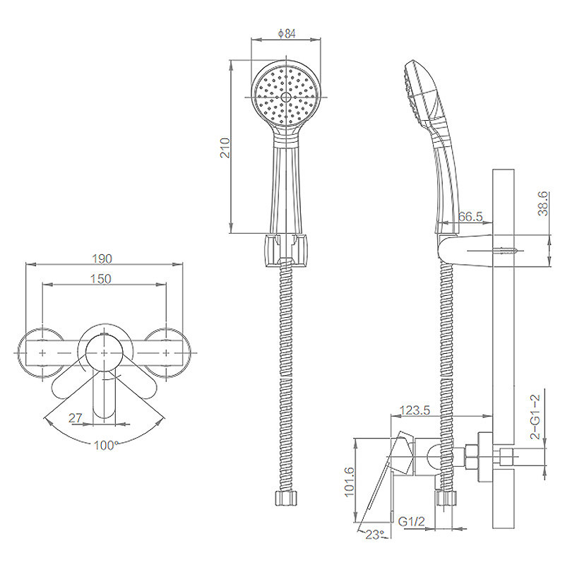 Handshower Bathroom Hotel Household Wall-mounted Round Hand Shower Set System Chrome
