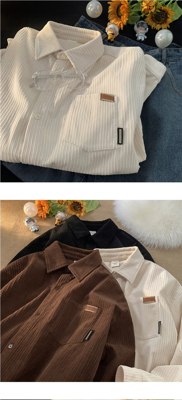 Men's Corduroy Shirt Coat Turn-down Collar Single Breasted Closure American Vintage