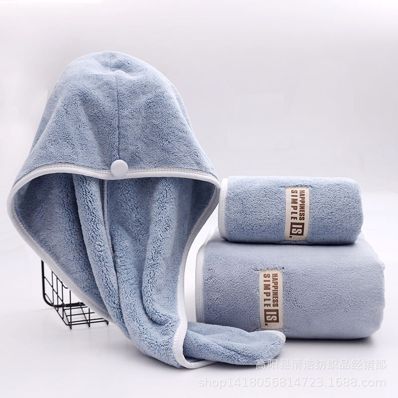 High Absorbent Coral Velvet Bath Towel and Shower Cap Gift Set 1kg Polyester Material
