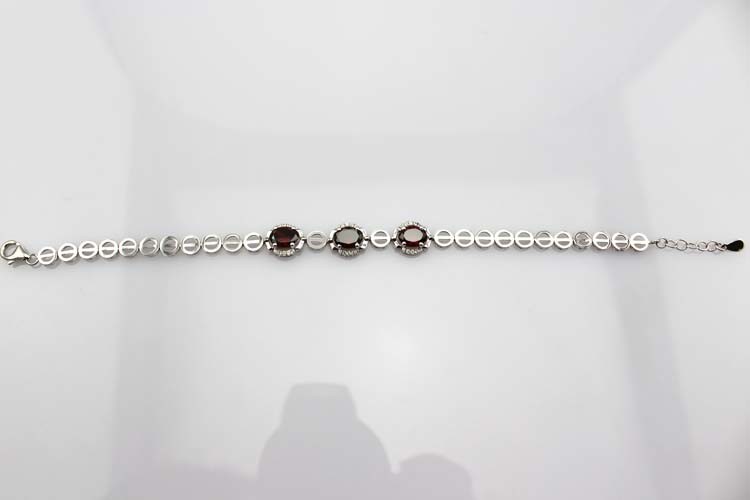 7x9mm Oval Created Garnet and Clear Cubic Zircon 925 Silver Chain Bracelet (H05)