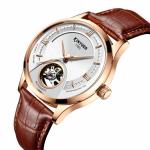 Gold Case Mens Mechanical Watches Hollow Out Dial Leather Band