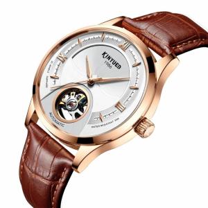 China Gold Case Mens Mechanical Watches Hollow Out Dial Leather Band factory