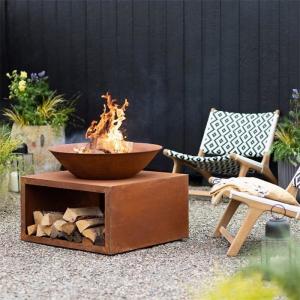 China Outdoor Garden Modern Rusty Corten Steel Fire Bowl With Log Storage factory