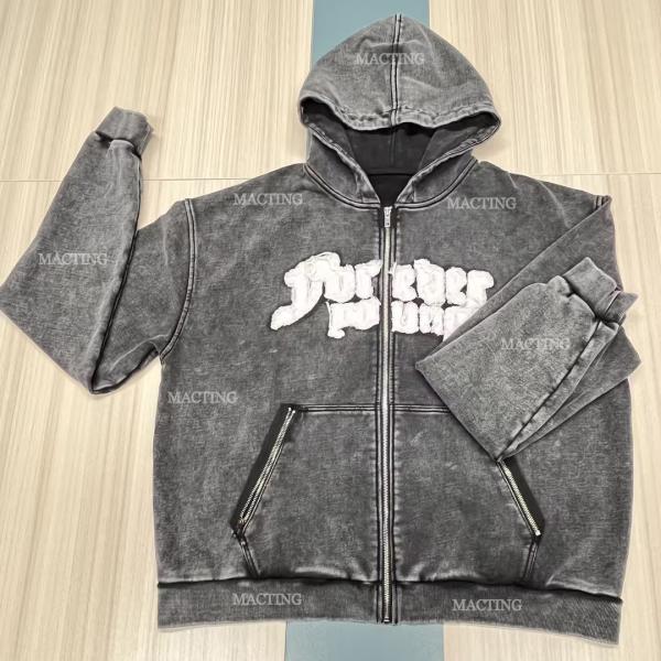 500 Gsm Thick Cotton Zipper Pockets Patched Embroidery Hoodie Men Lined Custom