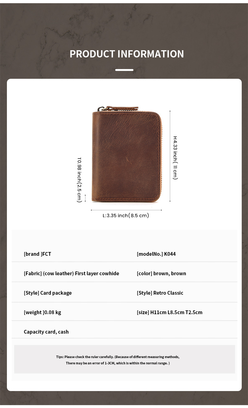 Custom Logo Men's Crazy Horse Leather Credit Card Holders Zipper Wallet for Bank Cards