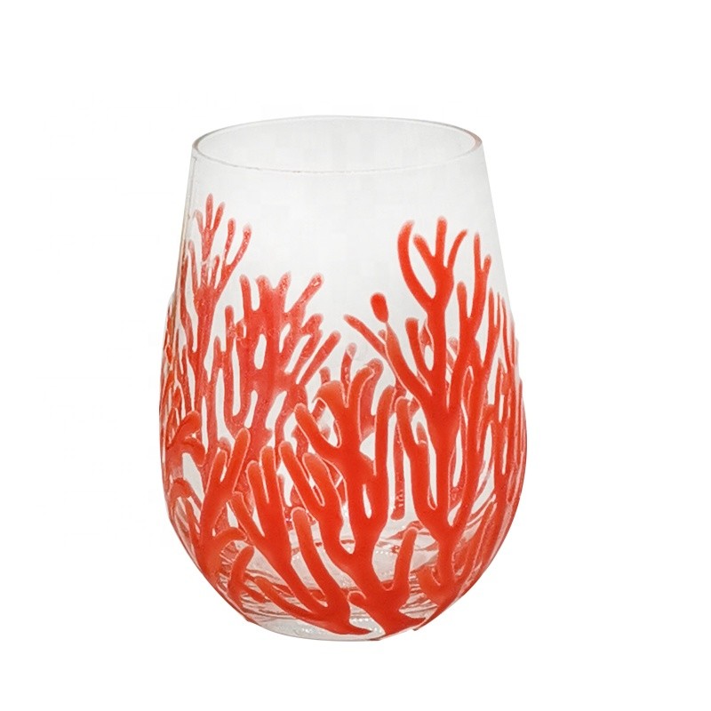 Egg Shaped 500ml Crystal Wine Glass With Embossed Red Corals