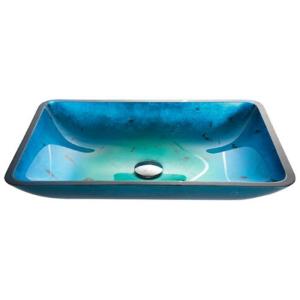 China Irruption Light Blue Vintage Undermount Trough Bathroom Sink Glass Vessel With PU Chrome factory