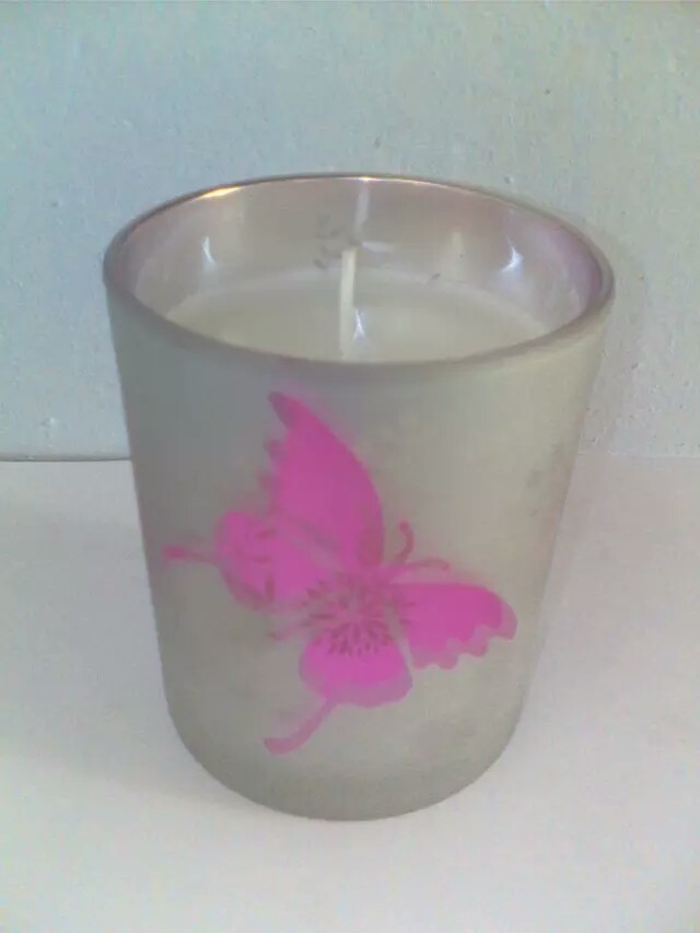 Home decor unscented glass candle printed by pink butterfly and flower decoration