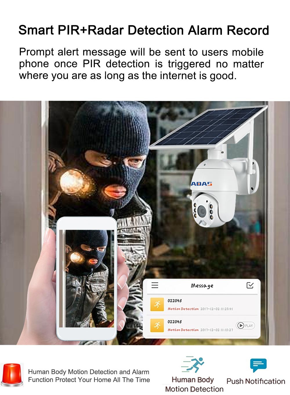2K Wireless Solar Security Camera PIR Detection IP65 Waterproof Outdoor