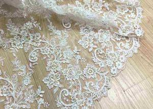 China Delicate Ivory Corded Lace Fabric , Floral White Embroidered Tulle Fabric For Wedding Dress factory