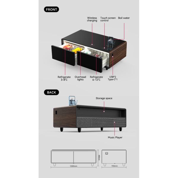 Wireless Charging Metal Fridge Table Adjustable Height for Modern Living Room Furniture