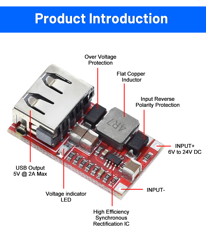CA-025 Efficient DC-DC Converter USB Charger Development Board 6V-24V 24V 12V to 5V 97.5% Buck Module for Car Power Supply