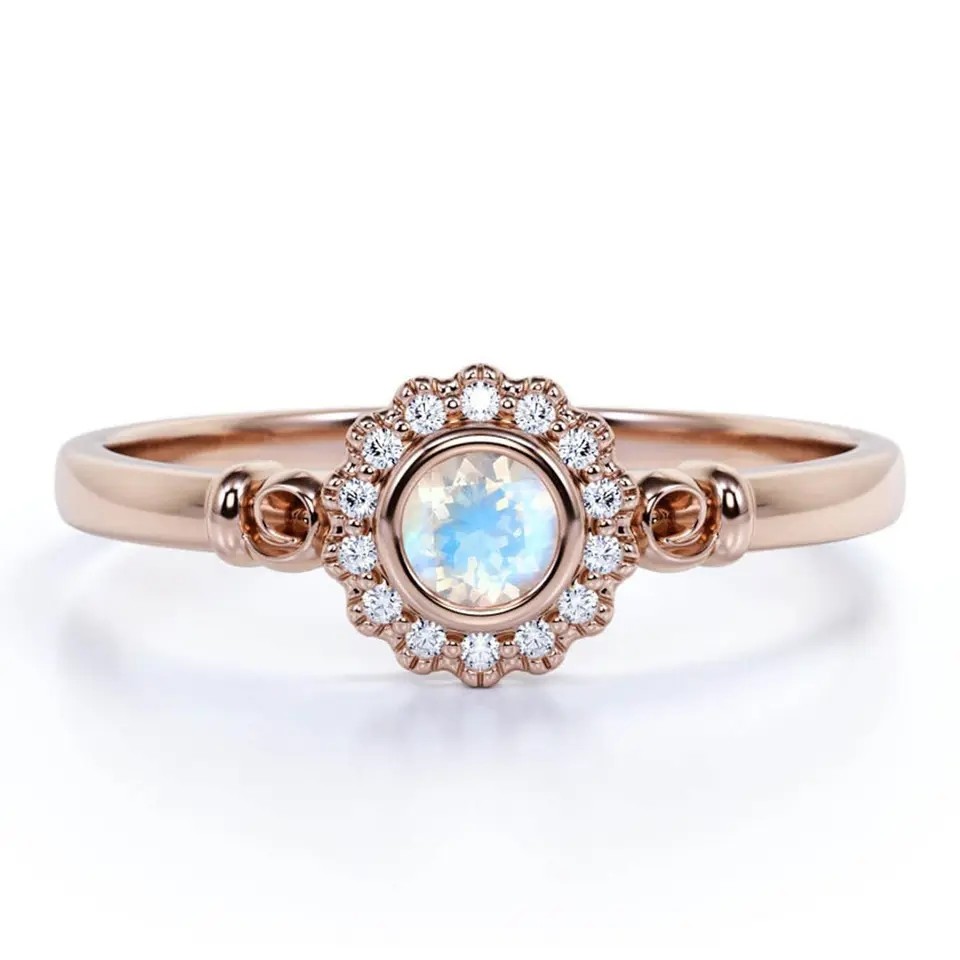 925 Sterling Silver Rose gold 1 Carat Flower Halo Ring Rainbow Moonstone Ring