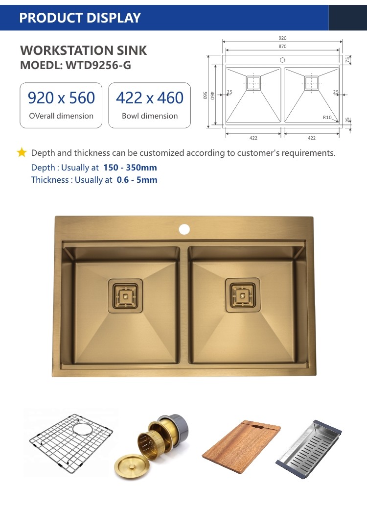 Double Bowl Top Mount Workstation Sink Stainless Steel Drop In Glod Sink 92x56