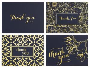 China Navy Blue Color Thanks Greeting Card 100 Set Gold Foil Pattern For Bridal / Baby factory