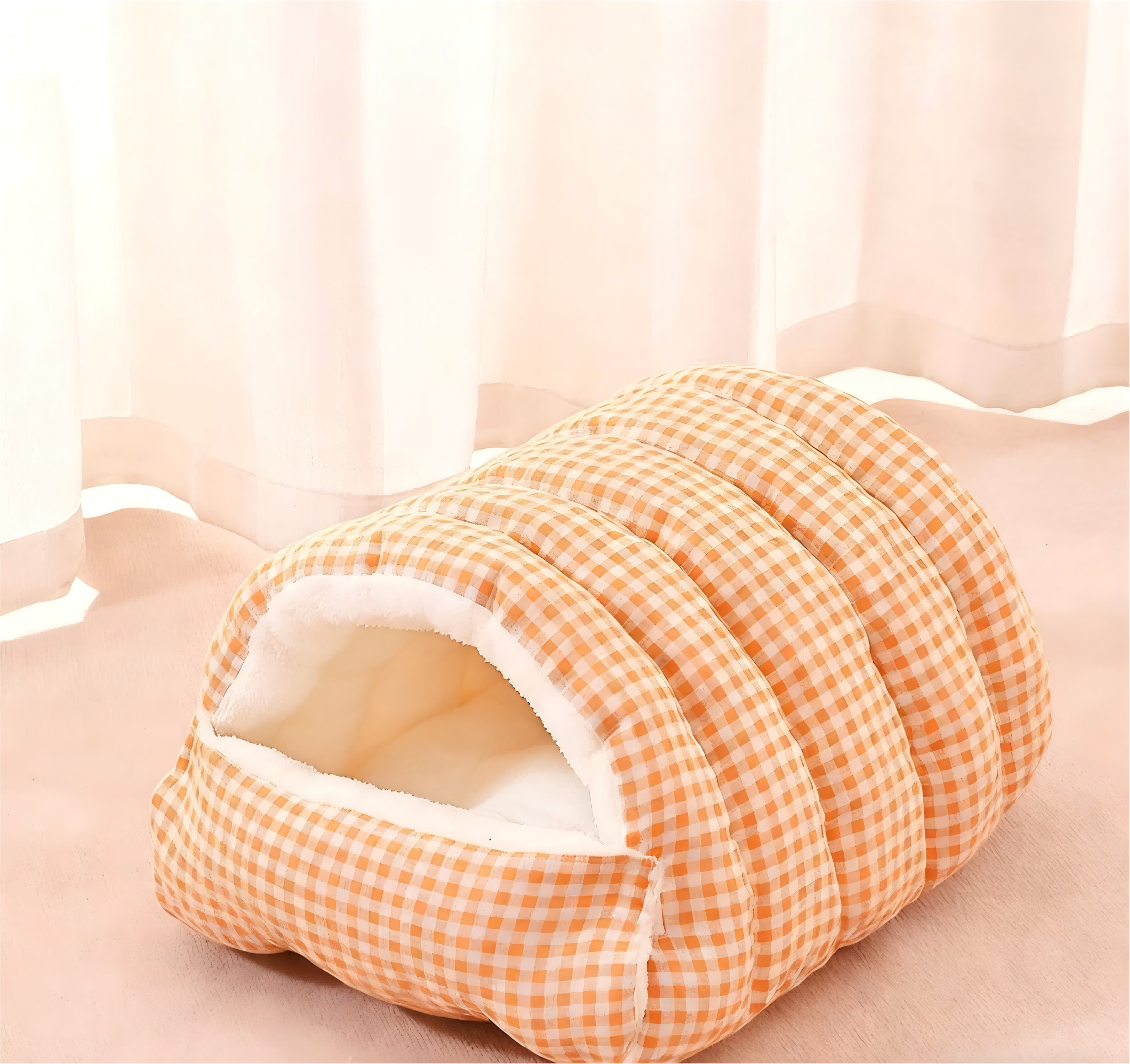 Checkered Enclosed Wool Soft Cat Bed with Removable Washable Plush Lining Comfortable Pet Furniture for Cats Cozy Resting Space