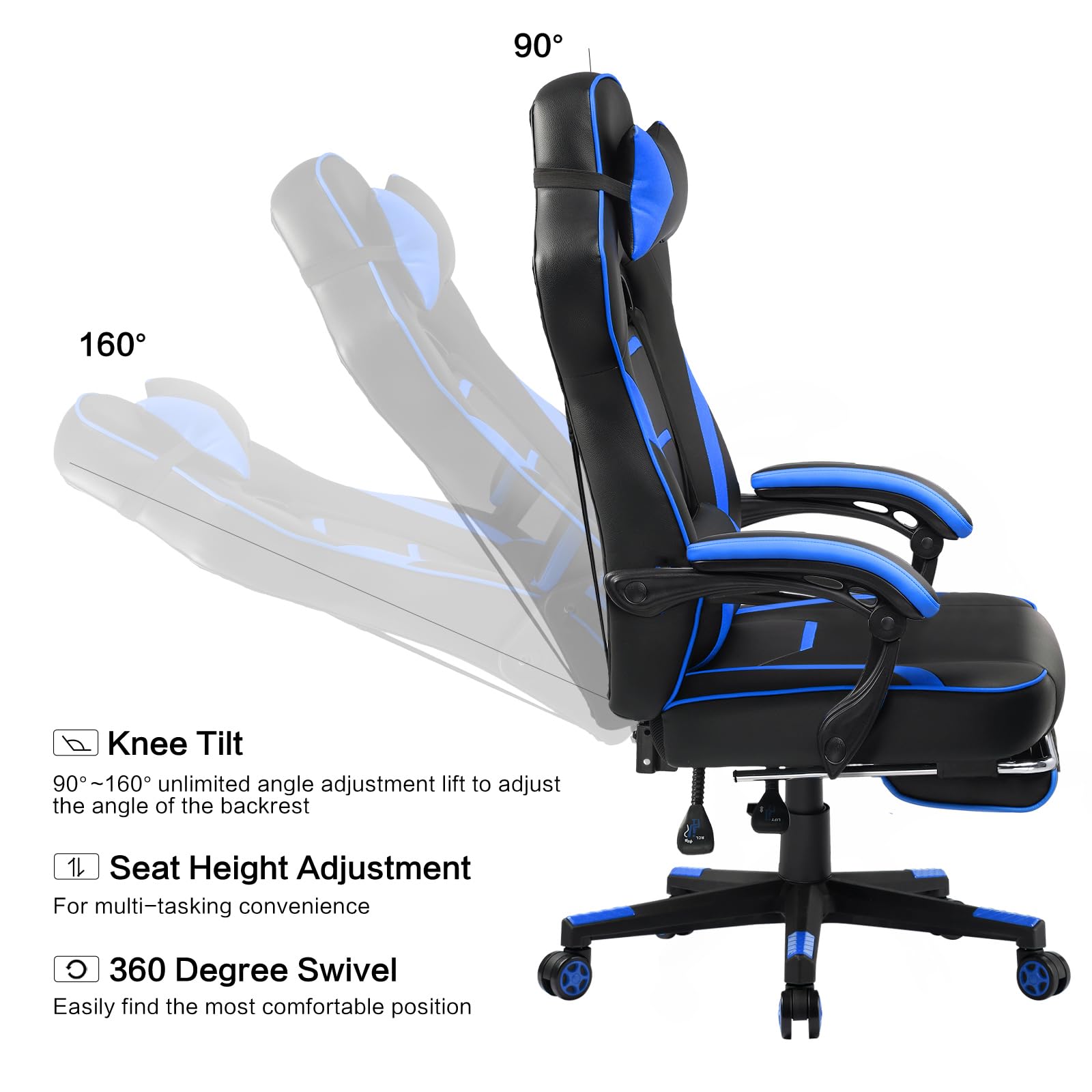 3 Gas Lift Ergonomic Gaming Chair with Footrest PU Leather High Back Office Desk Chair